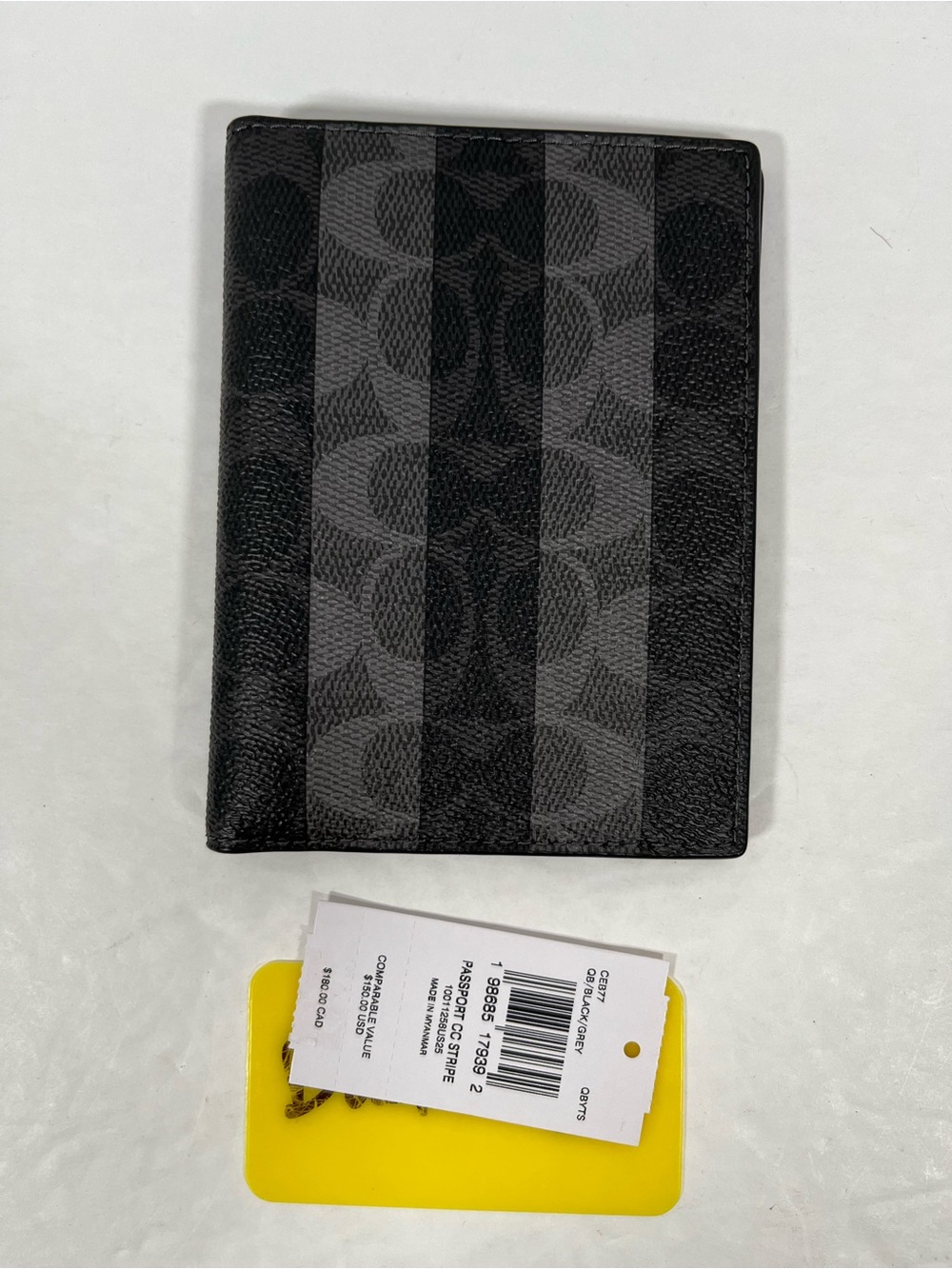 NWT Coach Passport Card Case Signature Canvas Stripes Gunmetal/Black/Grey
